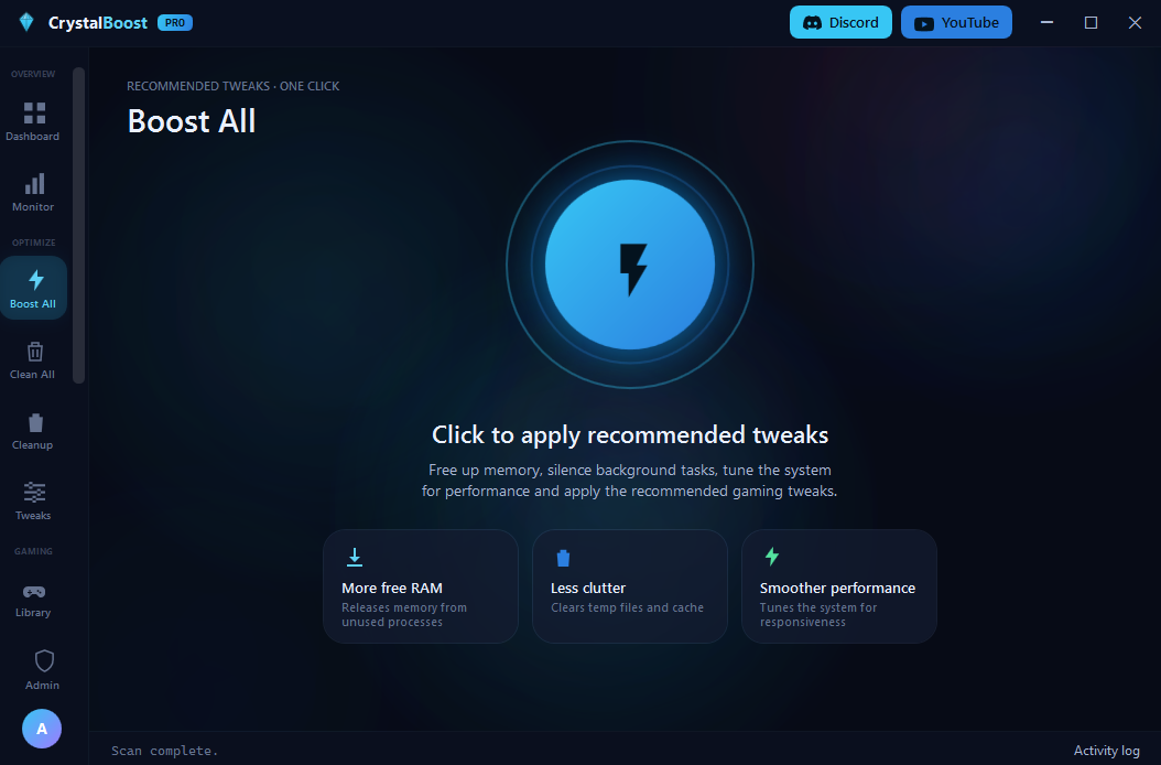 Crystal Boost — Boost All screen with a large one-click button and More free RAM, Less clutter and Smoother performance cards