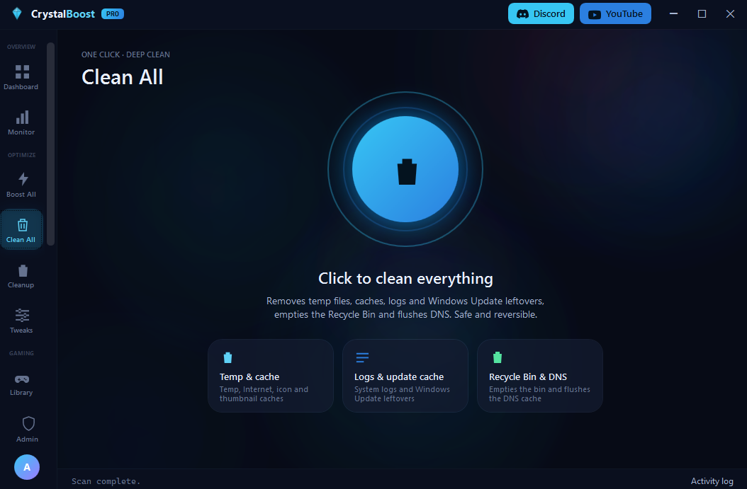 Crystal Boost Clean All screen with a large one-click deep-clean button for temp files, caches, logs, Recycle Bin and DNS