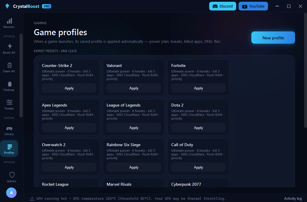 Crystal Boost game profiles with one-click expert presets for Counter-Strike 2, Valorant, Fortnite, Apex Legends and more