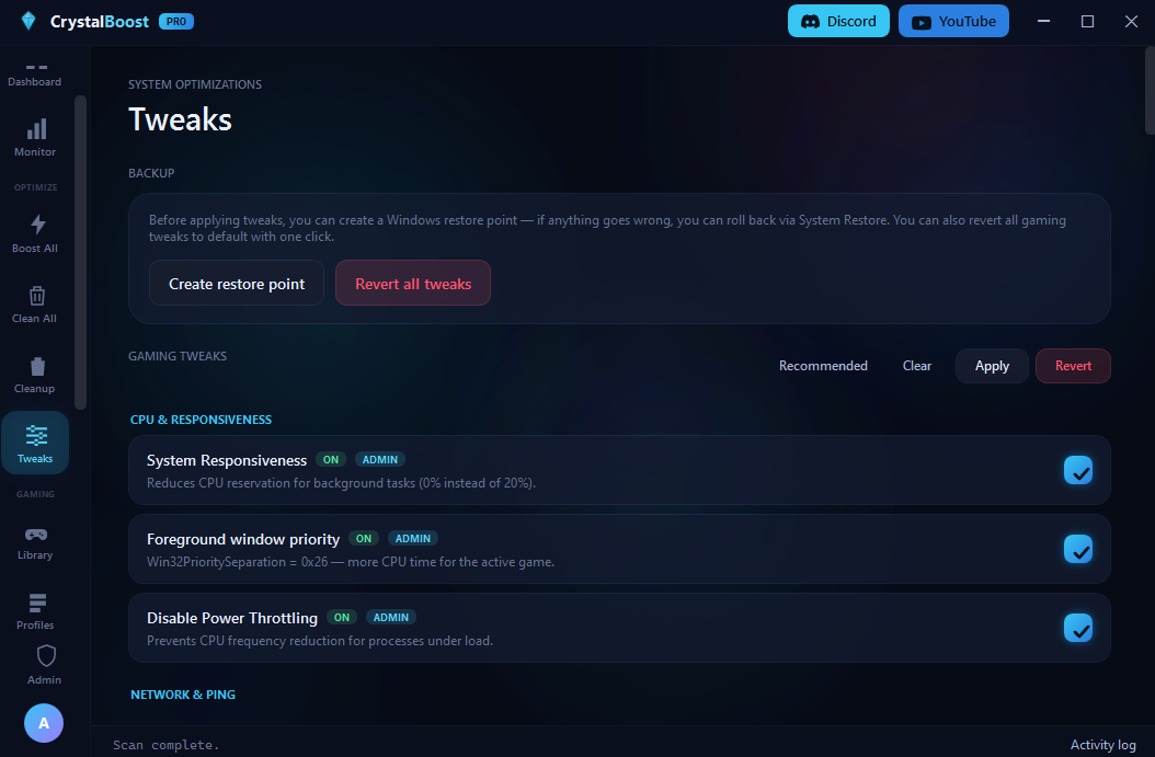 Crystal Boost system tweaks with a backup and restore-point panel and CPU responsiveness toggles
